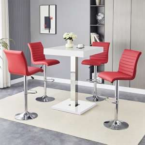 Topaz White High Gloss Bar Table With 4 Ripple Bordeaux Stools - UK