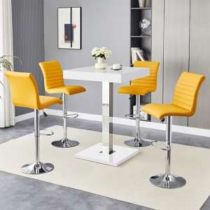 Topaz White High Gloss Bar Table With 4 Ripple Curry Stools - UK
