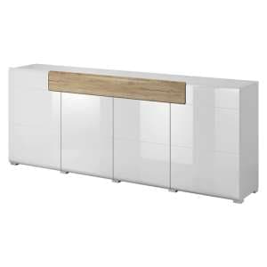 Torino High Gloss Sideboard 4 Doors In White And San Remo Oak - UK
