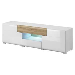 Torino High Gloss TV Stand In White And San Remo Oak And LED - UK