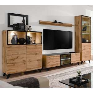 Torino Wooden Living Room Furniture Set In Wotan Oak With LED