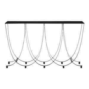 Ruchbah Black Glass Top Console Table With Curved Metal Base - UK