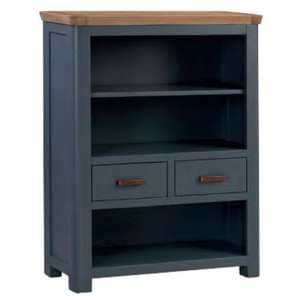 Trevino Low Wooden Bookcase In Midnight Blue And Oak - UK