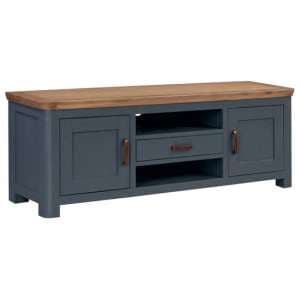 Trevino Wide Wooden TV Stand In Midnight Blue And Oak - UK