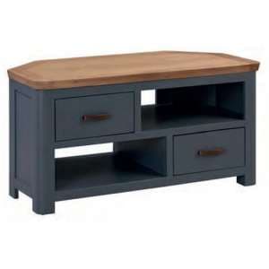 Trevino Wooden Corner TV Stand In Midnight Blue And Oak - UK