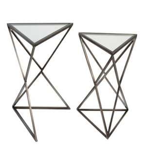 Triangle Clear Glass Top Set Of 2 Side Tables With Metal Frame