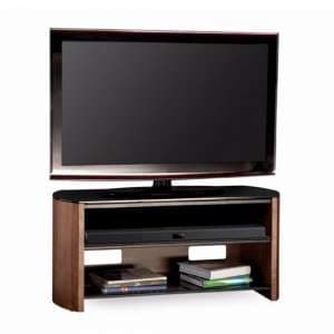 Flare Large Black Glass TV Stand With Walnut Wooden Base