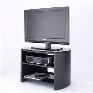 Flare Small Black Glass TV Stand With Black Oak Wooden Base - UK