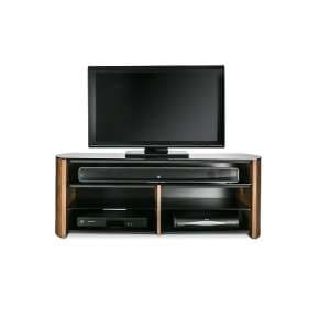 Flare Black Glass TV Stand With Walnut Wooden Base
