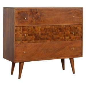 Tufa Wooden Tile Carved Chest Of 3 Drawers In Chestnut - UK