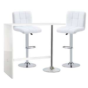 Tuscon Bar Table In White Gloss With 2 Coco White Bar Stools
