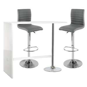 Tuscon Bar Table In White Gloss With 2 Ripple Grey Bar Stools