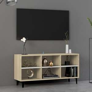 Usra Wooden TV Stand In White And Sonoma Oak With Metal Legs