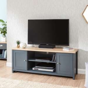 Loftus Large Wooden TV Stand In Slate Blue And Oak