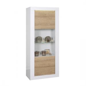 Metz Glass Display Cabinet In White Gloss And Oak With LED