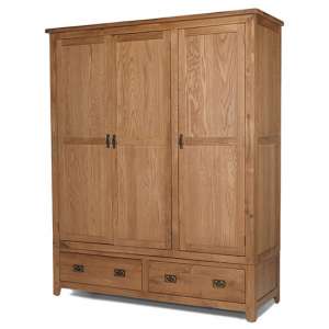 Velum Triple Door Wardrobe In Chunky Solid Oak With 2 Drawers - UK
