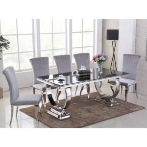 Venica Black Glass Dining Table With 6 Liyam Grey Chairs