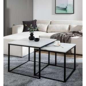 Venice Wooden Set Of 2 Coffee Tables In White Marble Effect - UK