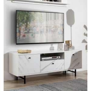 Venice Wooden TV Stand 2 Doors 1 Drawer In White Marble Effect - UK