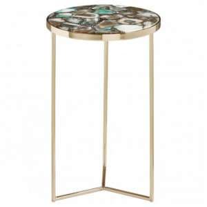 Sauna Round Agate Side Table With Gold Steel Frame In Green - UK