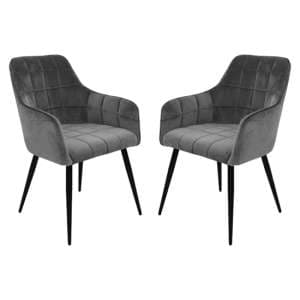Vernal Grey Velvet Dining Chairs With Black Legs In Pair