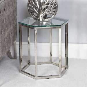 Vestal Clear Glass End Table Hexagon With Silver Frame