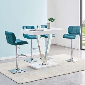 Vienna White High Gloss Bar Table With 4 Candid Teal Stools - UK