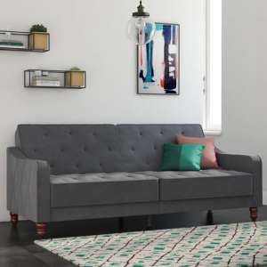 Vincenzo Tufted Futon Velvet Sofa Bed With Wooden Legs In Grey - UK