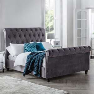 Vaike Velvet Upholstered Sleigh Double Bed In Grey - UK