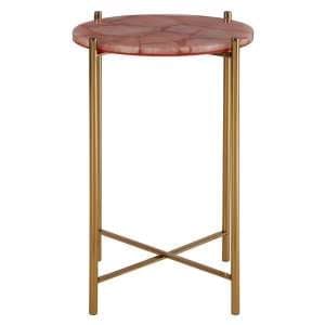 Sauna Round Quartz Side Table With Gold Steel Frame In Pink