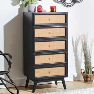 Vlore Narrow Wooden Chest Of 5 Drawers In Black - UK