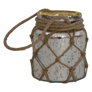 Wasilla Glass Jar Lantern In Antique Mercury With Rope