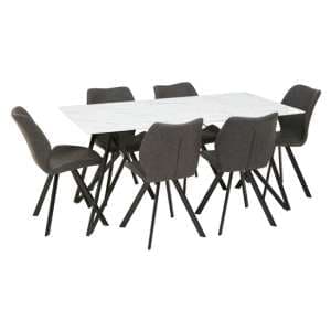 Wesko Glass Top Dining Table In White With 6 Grey Leather Chairs - UK