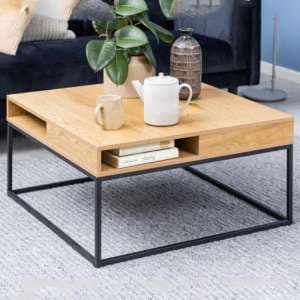 Wilf Melamine Coffee Table Square With Metal Frame In Wild Oak - UK