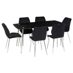 Wims Rectangular Black Glass Dining Table With 6 Velvet Chairs - UK