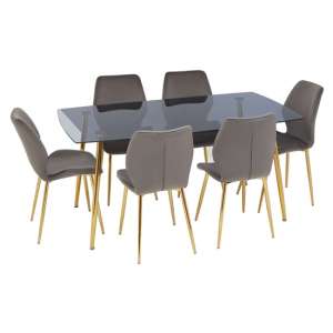 Wims Rectangular Grey Glass Dining Table With 6 Velvet Chairs - UK