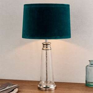 Winslet Teal Velvet Shade Table Lamp In Clear Glass Base - UK