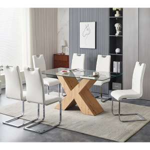 Zanti Glass Dining Table In Oak Base 6 Petra White Chairs