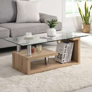 Zariah Clear Glass Coffee Table With Oak Wooden Base