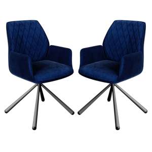 Zekrot Swivel Blue Velvet Fabric Dining Chairs In Pair