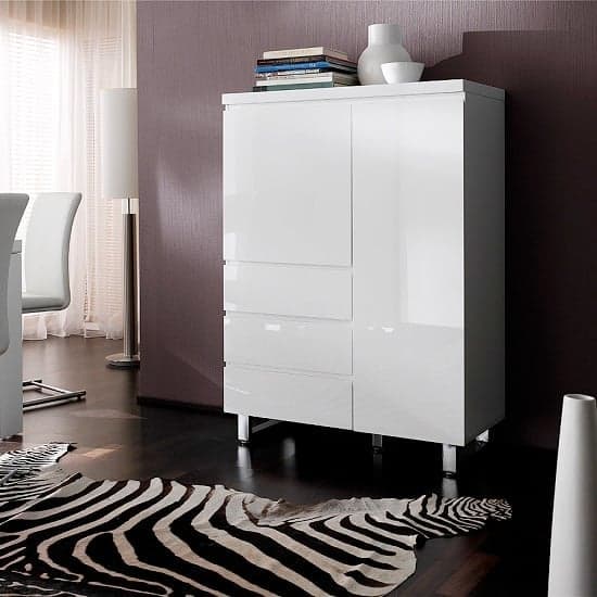 Sydney Highboard In White High Gloss With 2 Door And 3 Drawers