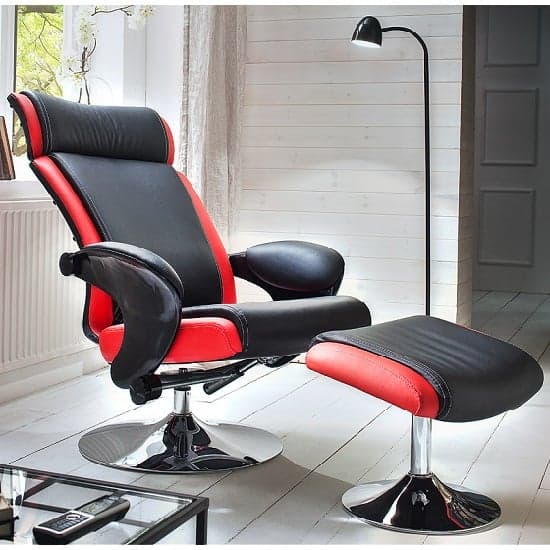 Liam Reclining Chair In Black And Red Faux Leather With Stool_2