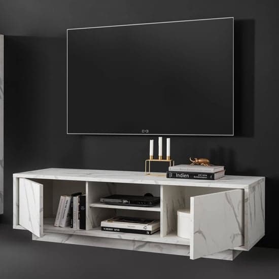 Corvi TV Stand In White Marble Effect With 2 Doors And 1 Shelf_2