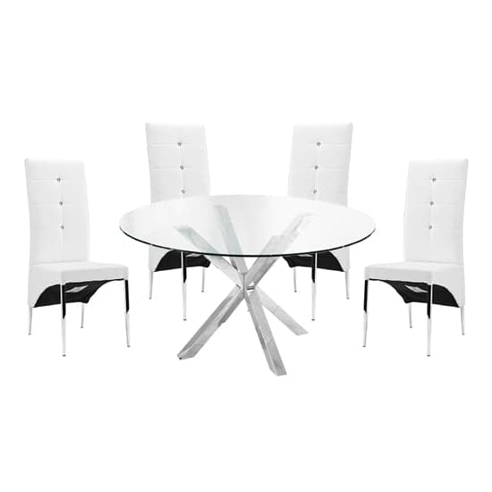 Crossley Round Glass Dining Table With 4 Vesta White Chairs_1