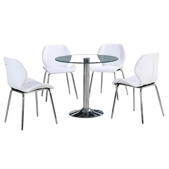 Dante Glass Dining Table In Clear With 4 White Darcy Chairs_2