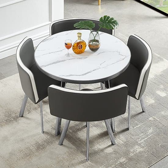 Diego Round Gloss Marble Effect Dining Table Set in Diva Furniture in