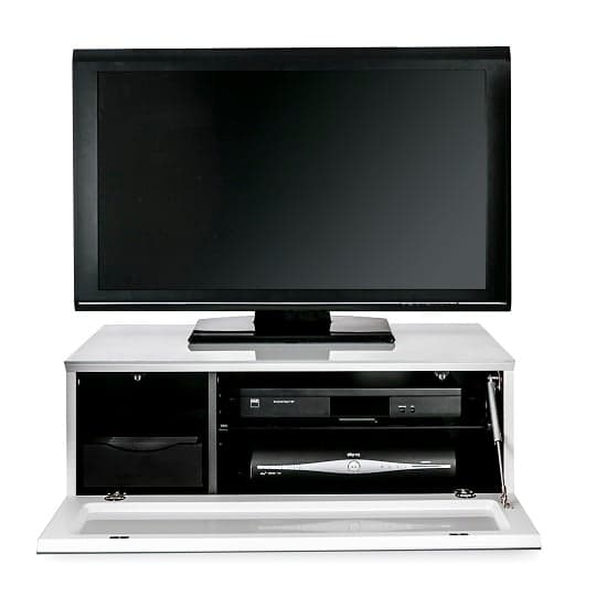 Elements Small Glass TV Stand With 1 Glass Door In White_5