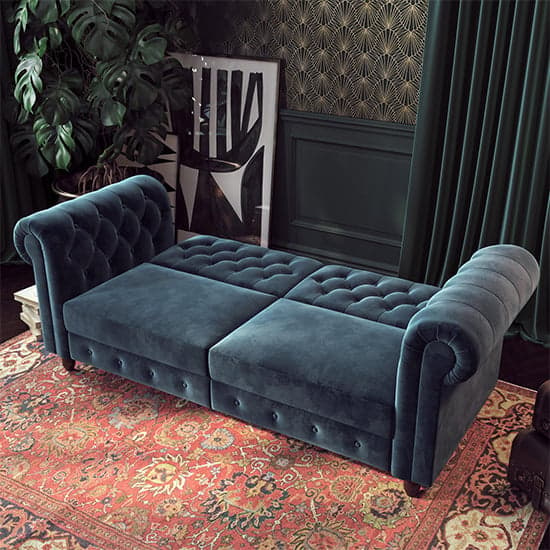 Flex Velvet Sofa Bed With Wooden Legs In Blue_2