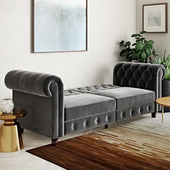 Flex Velvet Sofa Bed With Wooden Legs In Grey_2