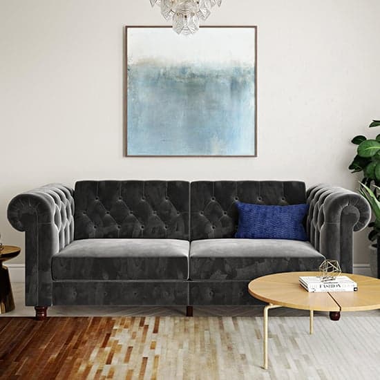 Flex Velvet Sofa Bed With Wooden Legs In Grey_3